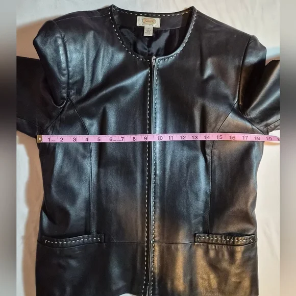Talbots 100% Leather Moto Lady Jacket Black White Stitching Size 14P - Picture 4 of 8
